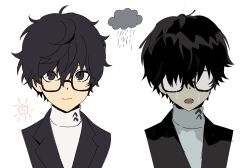  1boy amamiya_ren betti_(xx_betti) black_hair glasses highres looking_at_viewer male_focus persona persona_5 rain school_uniform shuujin_academy_school_uniform wet wet_clothes wet_hair 