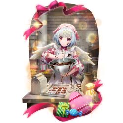  1girl apron armpit_peek artist_request bag baking_sheet bare_shoulders bird_girl bird_wings blonde_hair boots bow bowl candy child chocolate_making choker closed_mouth collarbone colored_tips detached_sleeves expressionless feathered_wings fitoria_(tate_no_yuusha_no_nariagari) flour food frilled_sleeves frills frown game_cg gift gradient_clothes grey_hair holding holding_bowl holding_whisk indoors kitchen knee_boots leg_up light_particles long_sleeves looking_at_viewer mixing_bowl multicolored_boots multicolored_hair official_art pink_boots pink_choker pink_eyes pink_ribbon ribbon serious short_hair simple_background solo sparkle splashing standing tate_no_yuusha_no_nariagari tate_no_yuusha_no_nariagari_rerise transparent_background two-tone_boots upper_body valentine whisk whisking white_apron white_boots white_sleeves white_wings wings yellow_ribbon 