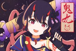  black_hair black_nails club_(weapon) commentary_request crescent_moon detached_sleeves earrings fingerless_gloves flower_earrings fukumaru_koito gloves hair_ornament highres horns idolmaster idolmaster_shiny_colors idolmaster_shiny_colors_song_for_prism jewelry kanabou looking_at_viewer moon oni open_mouth red_eyes red_horns single_bare_shoulder twintails two_side_up warabimochi_(tdfcan_ebm) weapon 
