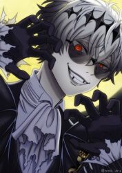  1boy artist_request black_crown crown gloves jacket long_sleeves looking_at_viewer male_focus missing_tooth pinstripe_pattern pinstripe_suit pinstripe_vest round_eyewear short_hair skeleton_print skully_j._graves smile solo striped_clothes striped_jacket suit sunglasses twisted_wonderland vest white_hair 