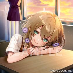  1girl :q arisato_yui arms_on_table blush braid brown_hair brown_sweater_vest chair classroom copyright_name curtains desk dress_shirt flower green_eyes hair_flower hair_ornament hair_over_shoulder hair_ribbon head_rest head_tilt long_hair looking_at_viewer low_twin_braids naughty_face nijisanji no_eyewear official_art portrait purple_flower raised_inner_eyebrows ribbon sample_watermark school_chair school_desk school_uniform shirt short_sleeves single_hair_intake solo summer_uniform sunset sweater_vest tongue tongue_out twin_braids virtual_youtuber watermark white_ribbon window yaguruma_rine yaguruma_rine_(3rd_costume) 