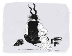  1boy 1girl body_fur book boots child commentary_request dress from_behind furry furry_male grey_background greyscale holding holding_book horns indian_style lying monochrome nagabe on_stomach reading sensei_(totsukuni_no_shoujo) shiva_(totsukuni_no_shoujo) shoes simple_background sitting tail totsukuni_no_shoujo unworn_shoes vest 