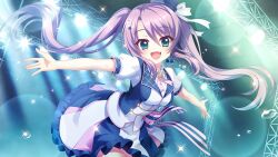  1girl :d alternate_hairstyle aqua_eyes blue_dress blue_hat blue_skirt bow breasts concert dot_nose dress fang film_grain flying_sweatdrops game_cg hat hat_ribbon headset idol idol_clothes indoors izumi_tsubasu large_bow lens_flare long_hair looking_at_viewer medium_breasts mini_hat multicolored_skirt non-web_source official_art open_mouth outstretched_arms pink_bow pink_ribbon pink_skirt purple_hair re:stage! ribbon short_sleeves skirt smile solo sparkle spread_arms stage_lights striped_bow tilted_headwear tsukisaka_sayu twintails two-tone_dress waist_bow white_dress white_ribbon white_skirt 