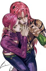  2boys arm_up belt blue_pants diavolo fingernails green_belt green_eyes highres jojo_no_kimyou_na_bouken lipstick long_sleeves lower_eyelashes_only makeup male_focus midriff multiple_boys pants parted_hair pink_hair purple_shirt shirt shu0718 slips spotted_hair turtleneck vento_aureo vinegar_doppio 