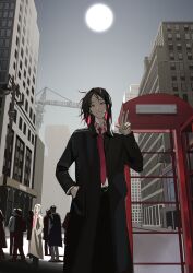  1girl 6+others :d absurdres black_coat black_eyes city coat collared_shirt colored_inner_hair crane_(machine) feet_out_of_frame hand_in_pocket head_tilt heterochromia highres lamppost looking_at_viewer ma_someru mole mole_under_eye multicolored_hair multiple_others necktie open_clothes open_coat original people phone_booth red_eyes red_necktie road shirt smile solo_focus street sun sunrise v white_shirt 