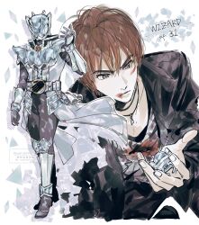  1boy black_jacket brown_eyes brown_hair character_request df0_rn grey_helmet helmet highres jacket jewelry kamen_rider kamen_rider_wizard kamen_rider_wizard_(infinity_style) kamen_rider_wizard_(series) multiple_views pendant rider_belt silver_armor 