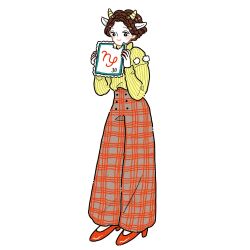  1girl animal_ears black_eyes blush braid brown_hair capricorn_(symbol) colored_skin commentary crown_braid eating emamemamo33 fingernails food_bite full_body goat_ears goat_horns high_heels highres holding horns long_sleeves looking_at_viewer nail_polish orange_shoes original pants postage_stamp pumps shoes short_hair simple_background solo sweater turtleneck turtleneck_sweater white_background white_skin wide-leg_pants yellow_sweater 