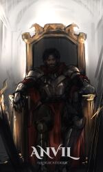  1boy absurdres anvil_(shadow_slave) armor backlighting bags_under_eyes beard black_hair cape character_name commentary elbow_rest english_commentary facial_hair full_body glowing glowing_eyes highres logicsterrr looking_at_viewer male_focus pelvic_curtain red_cape serious shadow_slave short_hair sitting solo throne 