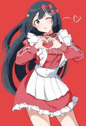  1girl absurdres apron black_hair bow buttons commentary_request cowboy_shot double-breasted dress frilled_dress frills grey_eyes hair_bow hair_ornament heart heart_hands highres jersey_maid long_hair long_sleeves looking_at_viewer love_live! love_live!_nijigasaki_high_school_idol_club maid official_alternate_costume one_side_up pleated_apron red_background red_bow red_dress short_dress simple_background solo triangle_hair_ornament uchuu_no_mozuku unconventional_maid very_long_hair waist_apron white_apron yuki_setsuna 
