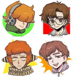  4boys absurdres aida_kensuke ben_freeling brief_(psg) brown_eyes brown_hair chinese_commentary clown commentary_request copyright_request crossover freckles glasses haunted_hotel headphones highres look-alike male_focus multiple_boys multiple_crossover neck_ruff neon_genesis_evangelion noecho orange_hair panty_&amp;_stocking_with_garterbelt portrait randal's_friends round_eyewear sebastian_de_tomato_smith_chicken_legs short_hair tooth_gap trait_connection white_background 