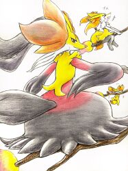  animal_ear_fluff animal_ears black_fur braixen broom broom_riding closed_eyes closed_mouth delphox evolutionary_line fennekin fire fox fox_ears furry highres ibutsu mega_delphox mega_pokemon multicolored_fur open_mouth pokemon pokemon_(creature) pokemon_focus red_eyes red_fur smile snout white_fur yellow_fur 