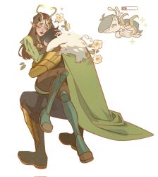  1boy 1girl alien antennae black_hair boots cape closed_eyes couple evil_cactus eyeshadow fake_horns fingerless_gloves flower fur_trim gloves green_boots green_cape green_eyeshadow green_nails guardians_of_the_galaxy hashtag-only_commentary head_on_chest health_bar heart hetero highres horned_headwear horns invisible_chair kiss kissing_cheek loki_(marvel) long_hair makeup mantis_(marvel) marvel marvel_rivals pointy_ears red_lips short_hair sitting sitting_on_lap sitting_on_person thor_(marvel)_(series) white_flower 