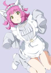  1girl absurdres ahoge animal_ears apron blunt_bangs cat_ears commentary_request dress fake_animal_ears frilled_apron frills full_body grey_dress grey_leg_warmers highres jersey_maid kishimen_hair leg_warmers long_sleeves looking_at_viewer love_live! love_live!_nijigasaki_high_school_idol_club maid maid_headdress medium_hair official_alternate_costume pink_hair shoes sitting sleeves_past_fingers sleeves_past_wrists solo tennoji_rina uchuu_no_mozuku unconventional_maid waist_apron wariza white_apron white_shoes yellow_eyes 