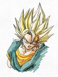  1boy artist_name blue_shirt dragon_ball dragon_ball_z earrings fenyon green_eyes jewelry male_focus medium_hair orange_shirt potara_earrings shirt simple_background smirk solo spiky_hair super_saiyan super_saiyan_1 upper_body vegetto white_background 