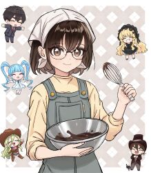  2boys 4girls absurdres aijou_rentarou black_hair blonde_hair blue_hair bowl brown_eyes chibi chibi_inset chinese_commentary chocolate commentary_request cowboy_hat dei_matsuri english_commentary father_and_daughter futate_eru green_hair grey_overalls hat headscarf highres holding holding_bowl holding_whisk iin_chiyo iin_hiro kimi_no_koto_ga_dai_dai_dai_dai_daisuki_na_100-nin_no_kanojo looking_at_viewer mixed-language_commentary multiple_boys multiple_girls overalls pigsir13152 shirt short_hair smile solo_focus top_hat tuxedo whisk yamato_nadeshiko_(hyakkano) yellow_shirt 