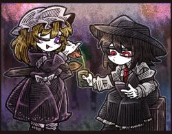  2girls :d :v armband black_hat black_skirt blonde_hair blush blush_stickers book bow brown_hair brown_shoes cherry_blossoms collar cup dress ghostly_field_club graveyard hair_between_eyes hat holding holding_book holding_cup long_dress long_sleeves maribel_hearn medium_hair mob_cap multiple_girls necktie night one_eye_closed pouring purple_dress reading red_eyes sash shirt shoes sitting skirt sleeve_cuffs smile socks standing suenari_(peace) tombstone touhou usami_renko violet_eyes white_bow white_collar white_hat white_sash white_shirt white_socks yunomi 