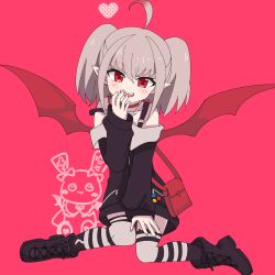  1girl ahoge animal_ear_legwear ankle_boots asymmetrical_legwear badge bag bare_shoulders black_boots black_jacket black_skirt black_thighhighs blush boots button_badge cat_ear_legwear collar collarbone colored_tips debitto_(makaino_ririmu) demon_wings dyed_ahoge fang full_body grey_hair hair_between_eyes hand_to_own_mouth handbag heart highres jacket jewelry knees_together_feet_apart looking_at_viewer makaino_ririmu makaino_ririmu_(2nd_costume) medium_hair miniskirt mismatched_legwear multicolored_hair necklace nijisanji off-shoulder_jacket off_shoulder open_mouth pointy_ears red_background red_bag red_collar red_eyes red_streaks red_wings sakurakyousuke0 shoulder_bag sidelocks simple_background skirt sleeves_past_wrists smile solo strap_slip streaked_hair striped_clothes striped_thighhighs thigh-highs twintails virtual_youtuber white_thighhighs wings zettai_ryouiki zipper zipper_pull_tab 