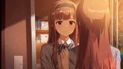 brown_hair dress idolmaster_million_live!_theater_days long_hair red_eyes smile tanaka_kotoha