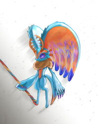  blue_fur fecto_elfilis fingernails full_body furry gradient_background highres holding holding_staff kirby_(series) kirby_and_the_forgotten_land long_fingernails niala solo staff tail wing_ears yellow_fur 