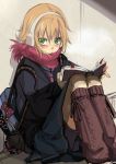  bad_id bag bike_shorts blush book brown_hair casual character_doll chia cold contemporary earmuffs frown green_eyes leg_warmers looking_up raven raven_(tov) rita_mordio scarf short_hair sitting skirt solo tales_of_(series) tales_of_vesperia 