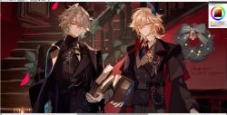  2boys alhaitham_(genshin_impact) black_coat blonde_hair book brooch cape capelet coat coat_on_shoulders english_text formal_clothes genshin_impact grey_hair hair_between_eyes hair_ornament highres holding holding_book jewelry kaveh_(genshin_impact) liulianjingrua long_hair long_sleeves looking_at_viewer male_focus multiple_boys necktie short_hair stairs suit 