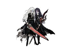  2girls alternate_costume black_hair black_skirt blue_hair boots commentary eva_(hundred_line) facial_mark floating_hair hair_between_eyes heterochromia highres holding holding_sword holding_weapon knee_boots long_hair long_skirt multicolored_hair multiple_girls mxx33 purple_hair red_eyes school_uniform siblings simple_background sisters skirt smile streaked_hair sword the_hundred_line_-last_defense_academy- torn_clothes torn_skirt v&#039;ehxness violet_eyes weapon white_background white_hair 