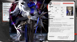  1boy absurdres black_necktie black_pants blonde_hair book collared_shirt english_text formal_clothes gloves hair_between_eyes highres liulianjingrua long_sleeves looking_at_viewer male_focus monster necktie original pants reference_sheet shirt short_hair solo standing weapon white_shirt 