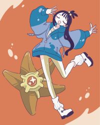  1girl black_hair blue_hoodie blush closed_eyes collarbone cube_hair_ornament earclip hair_ornament highres hood hood_down hoodie jacket leggings lida_(pokemon) long_hair long_sleeves open_mouth orange_leggings pokemon pokemon_(creature) pokemon_legends:_z-a shirt smile socks staryu topknot two-tone_legwear urajirogashi white_leggings white_shirt white_socks wispy_bangs 