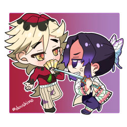  1boy 1girl anger_vein blonde_hair butterfly_hair_ornament clenched_teeth commentary_request demon_slayer_uniform douma_(kimetsu_no_yaiba) fingernails hair_ornament haori hashtag highres holding holding_sword holding_weapon japanese_clothes kimetsu_no_yaiba kochou_shinobu korean_commentary multicolored_hair orange_eyes pants purple_hair red_eyes red_shirt roots_(hair) sharp_fingernails shirt sostenuto0 striped_clothes striped_pants sword symbol-shaped_pupils teeth vertical-striped_clothes vertical-striped_pants violet_eyes weapon white_haori 