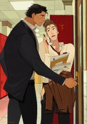  2boys absurdres alternate_universe black_hair black_pants black_suit brown_eyes brown_hair brown_jacket ceiling cellphone chinese_commentary collarbone collared_shirt commentary_request dark-skinned_male dark_skin dingnin98201637 door doorknob highres holding holding_paper holding_phone holding_unworn_clothes holding_unworn_jacket indoors jacket layered_sleeves locker long_sleeves looking_at_another looking_to_the_side male_focus marvel miguel_o&#039;hara multiple_boys necktie open_collar open_mouth pants paper peter_b_parker phone pillar red_necktie shirt short_sideburns spider-man:_across_the_spider-verse spider-man_(series) spider-verse standing suit suit_jacket teeth tile_ceiling tiles upper_teeth_only wing_collar 