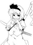  blush hairband highres katana konpaku_youmu kuroneko1911a1 lineart monochrome nanaroku_(fortress76) open_mouth smile solo sword tears touhou weapon 