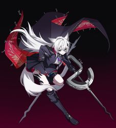  1girl absurdres animal_ears arknights black_background black_boots black_cape black_gloves black_jacket black_skirt blue_eyes bolo_tie boots cape closed_mouth commentary full_body gloves gradient_background grey_hair grey_tail hair_between_eyes hair_ornament hairclip highres holding holding_weapon jacket knee_boots lappland_(arknights) lappland_the_decadenza_(arknights) light_smile long_hair long_sleeves material_growth oripathy_lesion_(arknights) red_background red_cape scar scar_across_eye scar_on_face sigma_zan skirt solo tail two-sided_cape two-sided_fabric weapon wolf_ears wolf_girl wolf_tail 