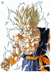  abs blonde_hair blue_jumpsuit clenched_hand clenched_teeth dragon_ball green_eyes highres jumpsuit kakeru_(dbskakeru) looking_at_viewer muscular muscular_male nipples orange_sash sash simple_background spiky_hair teeth toriyama_akira_(style) torn_clothes torn_jumpsuit upper_body waist_sash white_background 
