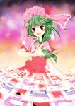  absurdres blush bow frills front_ponytail green_hair hair_bow hair_ribbon highres kagiyama_hina momo_michi open_mouth red_eyes ribbon short_hair smile solo spell_card touhou 