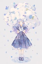  1girl :o artist_name black_dress black_shoes blush bug butterfly candy cloud_umbrella clouds commentary_request dress flower food frog full_body green_eyes grey_background holding holding_umbrella hydrangea lollipop long_hair looking_at_viewer mary_janes medium_dress original parted_lips puddle puffy_short_sleeves puffy_sleeves purple_butterfly purple_flower purple_hair rain ribbon ryokuno_green shoes short_sleeves simple_background socks solo sparkle standing umbrella watermark white_socks 