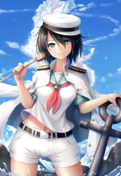  1girl absurdres anchor anchor_symbol aqua_eyes belt black_belt black_hair blue_nails blue_sky clouds coat coat_on_shoulders collared_shirt cowboy_shot hat highres ladle looking_at_viewer midriff_peek murasa_minamitsu navel neckerchief outdoors red_neckerchief sailor_collar seiya_(iiseven) shirt short_hair shorts sky smile solo thighs touhou water white_coat white_hat white_shorts 