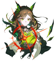  1girl arknights black_hair black_jacket closed_mouth cropped_torso diffraction_spikes emoji floating green_eyes green_hair highres jacket looking_at_viewer magic medium_hair mon3tr_(arknights) rke solo strap watermark 