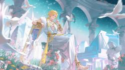  1boy ;) absurdres ancient_greek_clothes angel_statue anklet aqua_eyes arcade_(architecture) arch architecture arm_rest arm_tattoo barefoot barefoot_sandals_(jewelry) beads bird blonde_hair body_chain bracelet bracer brooch building chinese_commentary closed_mouth clothes_grab collarbone constellation curtained_hair dove earrings flower full_body gem gold_bracelet gold_choker gold_earrings gold_necklace grand_piano grass greco-roman_architecture greco-roman_clothes guest_art hand_up highres instrument jewelry lars_rorschach looking_at_viewer lovebrush_chronicles male_focus motion_blur mouth_hold multiple_bracelets multiple_rings necklace one_eye_closed painting_(object) parted_bangs pectoral_cleavage pectorals piano piano_bench picture_frame pillar pink_flower pink_rose plant plunging_neckline red_gemstone ring robe rose sash sheet_music short_hair short_sleeves sideways_glance sitting sky smile solo star_(sky) starry_sky statue sun_earrings sun_necklace sun_symbol tattoo toned toned_male vines waist_sash white_robe yellow_flower yellow_sash yiy1123 