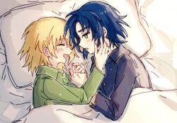 1boy 1girl athrun_zala bed bed_sheet blonde_hair blue_hair blue_pajamas cagalli_yula_athha closed_eyes couple green_eyes green_pajamas gundam gundam_seed holding_hands lying on_bed on_side pajamas pillow shiro_kunugi short_hair sketch smile 