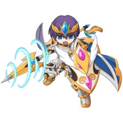  1boy armor armored_boots blue_cape blue_eyes blue_pants boots breastplate cape chibi chibi_only fighting_stance full_body gauntlets holding holding_polearm holding_shield holding_weapon imperial_guard_(ragnarok_online) lance looking_at_viewer male_focus official_art open_mouth pants pauldrons polearm purple_hair ragnarok_online shield shoulder_armor simple_background solo transparent_background weapon yuichirou 