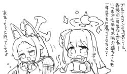  2girls :d :o animal_ear_fluff animal_ears backpack bag blue_archive blush chibi flying_sweatdrops food food_on_face forehead fox_ears greyscale hair_bun halo low_wings mika_(blue_archive) miranofuudoria monochrome multiple_girls parted_bangs randoseru seia_(blue_archive) simple_background single_side_bun small_sweatdrop smile sweat translation_request upper_body white_background wings 