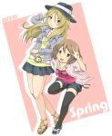  belt blouse brown_eyes brown_hair extra fashion furumiya_haiji hat hirasawa_yui jacket k-on! long_hair open_toe_shoes salute short_hair tachibana_himeko thigh-highs thighhighs v 