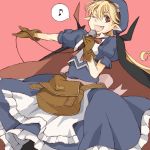 apron bag blonde_hair blue_dress bow chiisanahana cloak dress gloves goggles goggles_on_head happy hat heart long_hair lowres marivel_armitage microphone musical_note open_mouth pink_background pointy_ears red_eyes ribbon singing solo vampire wild_arms wild_arms_2 wink 