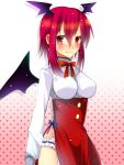  alternate_costume bad_id bat_wings blush breasts fang garters haine_(howling) head_wings highres impossible_clothes impossible_clothing impossible_shirt koakuma light_smile long_hair payot red_eyes red_hair redhead shirt short_hair side_slit solo sparkle the_embodiment_of_scarlet_devil touhou wings ykm 