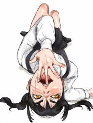  1girl absurdres black_dress black_hair chainsaw_man commentary covering_own_mouth dress fourth_east_high_school_uniform hand_over_own_mouth highres kirtome knees_up long_hair long_sleeves lying on_back pinafore_dress ringed_eyes scar scar_on_cheek scar_on_face scar_on_nose school_uniform shirt simple_background sleeveless sleeveless_dress solo symbol-only_commentary white_background white_shirt yellow_eyes yoru_(chainsaw_man) 