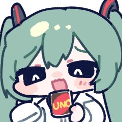 1girl black_sclera blush borrowed_clothes card chibi chibi_only close-up colored_sclera hatsune_miku holding holding_card long_hair long_sleeves looking_down mimukauwa_nice_try_(vocaloid) miratsu_(miratsu169) open_mouth oversized_clothes oversized_shirt shirt sleeves_past_fingers sleeves_past_wrists smug solo twintails uno_(game) vocaloid white_shirt