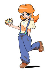  1girl absurdres blue_overalls brown_hair brown_shoes crown floral_print hand_in_pocket highres holding holding_crown junnosu long_hair overalls princess_daisy shoes simple_background smile super_mario_bros. white_background 