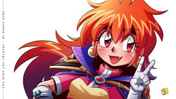  1girl armor artist_name black_headband blush cape earrings fang gloves gradient_hair headband highres jewelry lina_inverse multicolored_hair orange_hair pauldrons red_eyes robot-h3ro see-through_hair shoulder_armor simple_background slayers solo sphere_earrings v white_gloves 