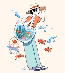  1girl adjusting_clothes adjusting_headwear artist_name bag black_eyes black_hair blue_sandals blush commentary fish flip-flops floating from_side full_body gesooo_4 glasses goldfish hat highres open_mouth orange_shirt original pants sandals see-through_bag shirt short_hair sidelocks simple_background solid_oval_eyes solo standing sun_hat sweat t-shirt water watermark wide-leg_pants 