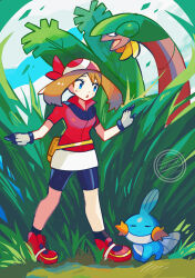  1girl :o anidler91 artist_name bandana bike_shorts bike_shorts_under_shorts black_shorts blue_eyes brown_hair commentary commentary_request fanny_pack full_body gloves grass highres may_(pokemon) mudkip open_mouth outdoors pokemon pokemon_(creature) pokemon_rse red_bandana red_shirt red_shoes shirt shoes short_hair short_sleeves shorts signature solo symbol-only_commentary tall_grass tropius twitter_username white_gloves 